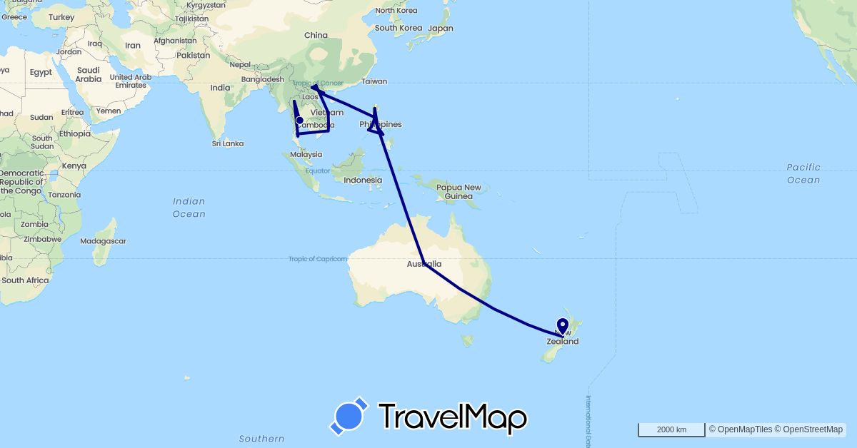 TravelMap itinerary: driving in Australia, New Zealand, Philippines, Thailand, Vietnam (Asia, Oceania)
